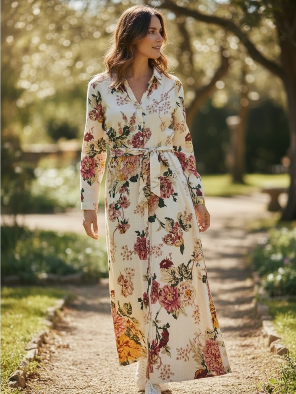 Floral Button-Front Maxi Shirt Dress with Waist Tie - Cream